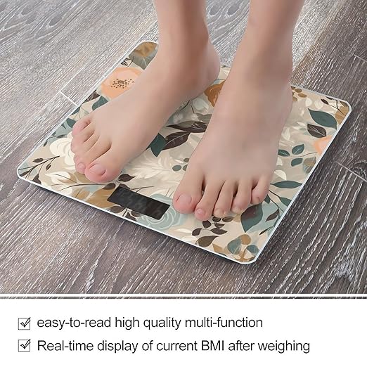 Simple Floral Pattern Scale for Body Weight Anti-Slip Tempered Glass Digital Bathroom Scales Clear LCD Display Weighing Scale Safe Rounded Corners Smart Scales