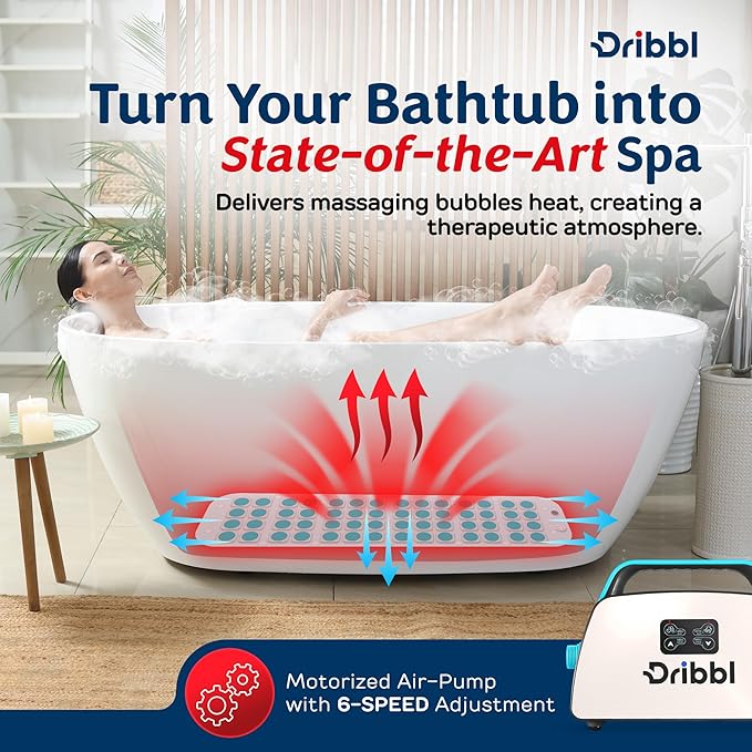 Dribbl Electric Bubble Massage Bathtub Mat – Non-Slip Full-Body Waterproof Hot Tub Spa Mat for Bath with Heater Motorized Air Pump and Remote Control 6-Speed Adjustable Massage Aqua