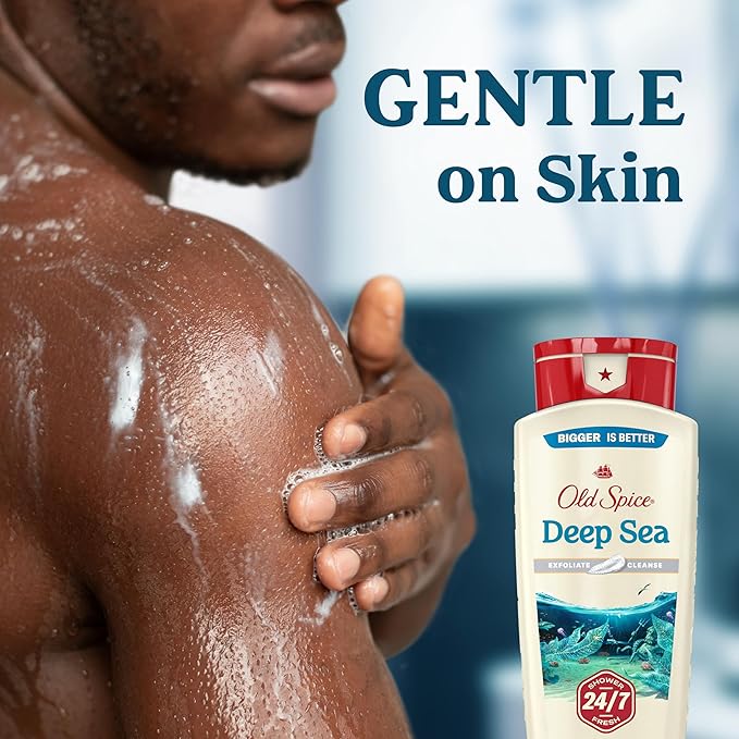 Old Spice Cleansing Body Wash for Men 24/7 Shower Fresh with Lasting Scent Exfoliate &amp Cleanse Gentle on Skin Vitamin B3 Deep Sea with Ocean Waves + Kelp Scent 18 oz (Pack of 4)