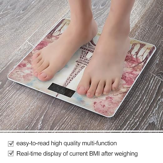 Beautiful Eiffel Tower Paris Scale for Body Weight Anti-Slip Tempered Glass Digital Bathroom Scales Clear LCD Display Weighing Scale Safe Rounded Corners Smart Scales