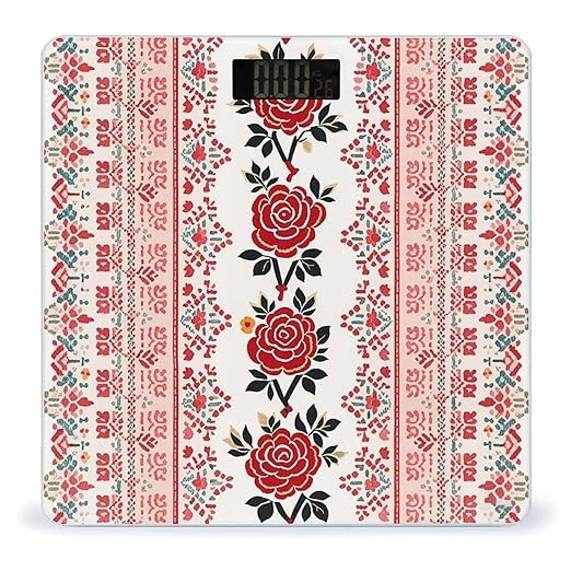 Ukrainian Embroidery Style Rose Scale for Body Weight Sturdy Tempered Glass Weighing Scales with LCD Display Accurate Digital Bathroom Scale Convenient Body Fat Smart Scales Easy Read