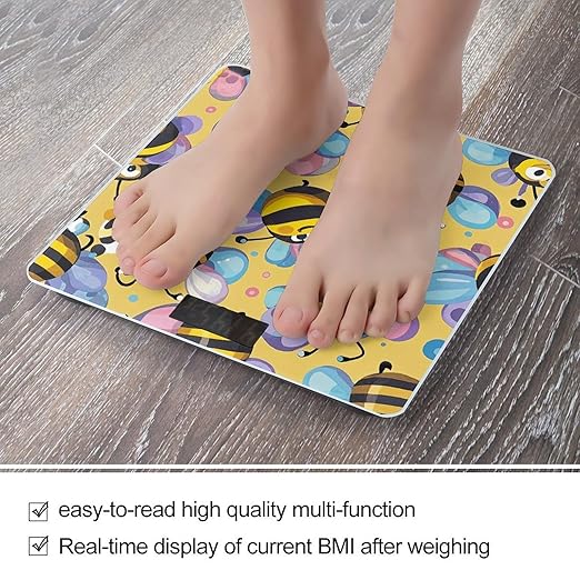 Cartoon Bee Pattern Scale for Body Weight Sturdy Tempered Glass Weighing Scales with LCD Display Accurate Digital Bathroom Scale Convenient Body Fat Smart Scales Easy Read