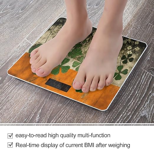 Clover on Flag Background Scale for Body Weight Highly Accurate Digital Bathroom Scale Sturdy Tempered Glass Weighing Scales with LCD Display Fashion Body Fat Smart Scales 400lb
