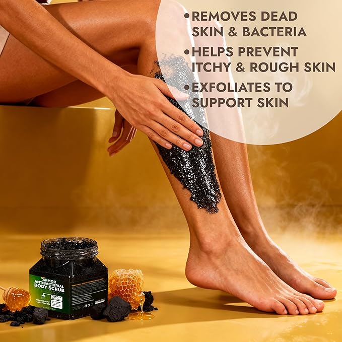 Antibacterial Body Scrub | Manuka Honey &amp Charcoal | Kills 99.9% of Germs &amp Bacteria | Body Scrub Exfoliator Deep Cleansing &amp Purifying for Smooth Fresh &amp Soft Skin | 16 fl oz