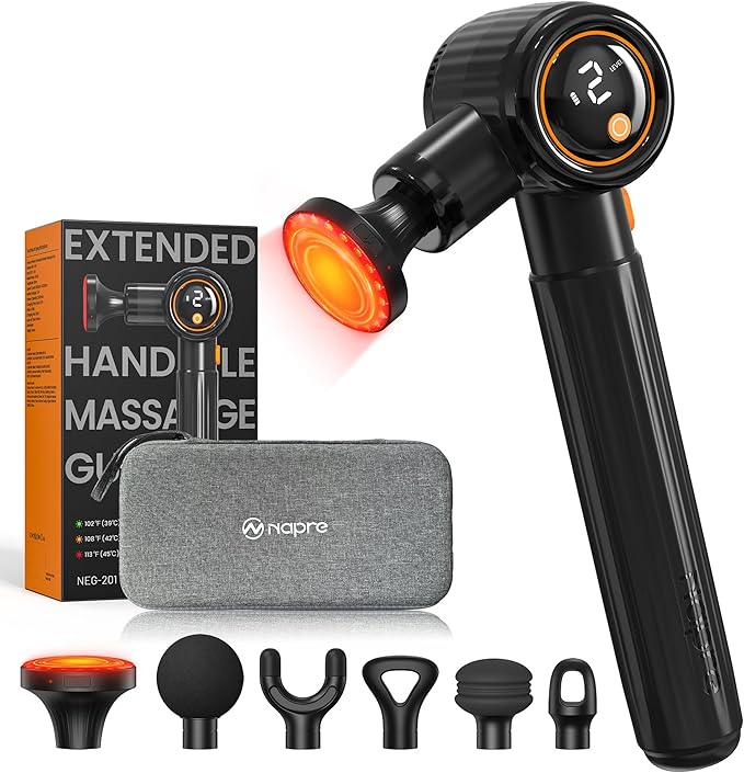 NAPRE Massage Gun with HeatMassage Gun Deep Tissue with Extension Handle &amp 3 Adjustable AnglesHandheld Percussion Back Massager for Muscle/Neck/Body Pain Relief6 Heads &amp Silentwith CaseBl