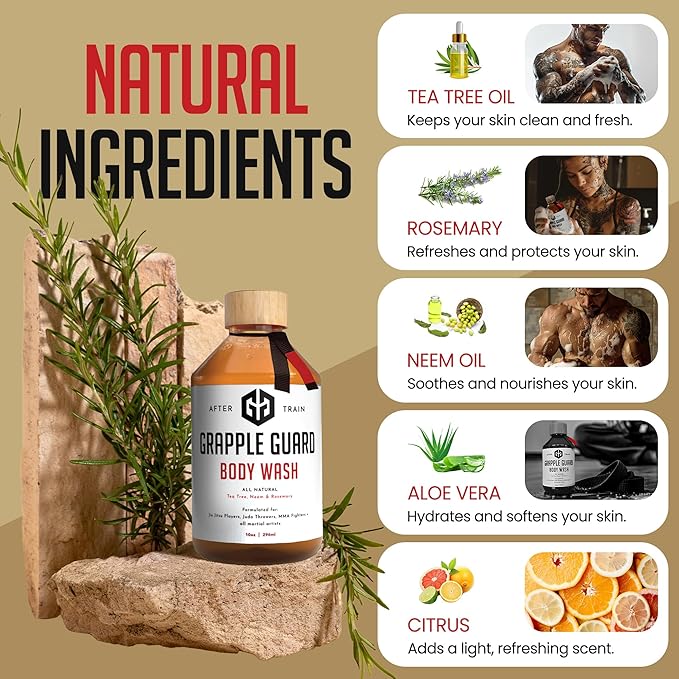 Grapple Guard Tea Tree Body Wash for Men and Women - All Natural Body Wash/Soap with Citrus Scent Neem &amp Rosemary Oils for Jiu Jitsu MMA Judo Athletes &amp All Martial Artists 10 oz (Pack of