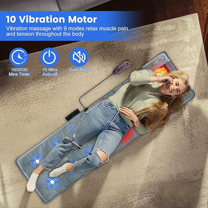 Full Body Massage Mat with HeatMassage Mattress with Shiatsu Neck Massager &amp Movable Neck Back Massager Pillow10 Vibrating Motors9 Massaging Modes &amp Timer for Back Leg Pain Relief