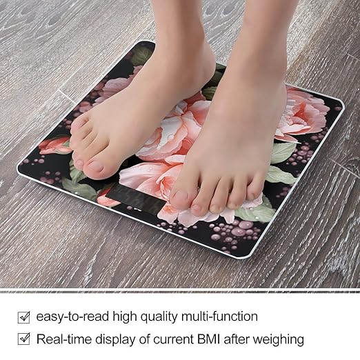 Peony Flowers Rose Bathroom Scale Rounded Smart Scale for Body Weight Automatic Power On/Off Weight Scales Accurate Bathroom Digital Scales for Pet Home Bedroom Kitchen