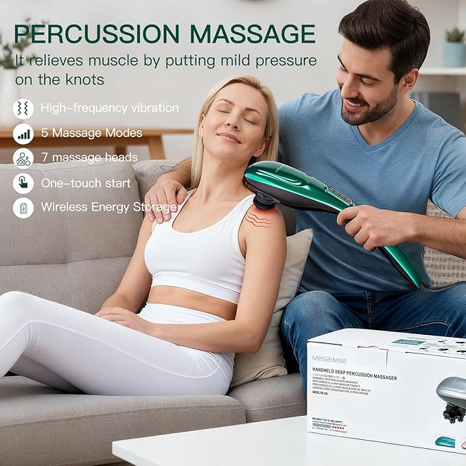 MEGAWISE Handheld Deep Tissue Neck Back Electric Massager for Shoulder Waist Leg 3700 RPM Powerful Motor (Green)