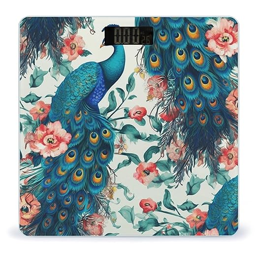 Beautiful Peacock Flowers Scale for Body Weight Safe Rounded Corners Tempered Glass Digital Bathroom Scale LED Display 400lb Capacity Weight Scales with High Precision Sensors