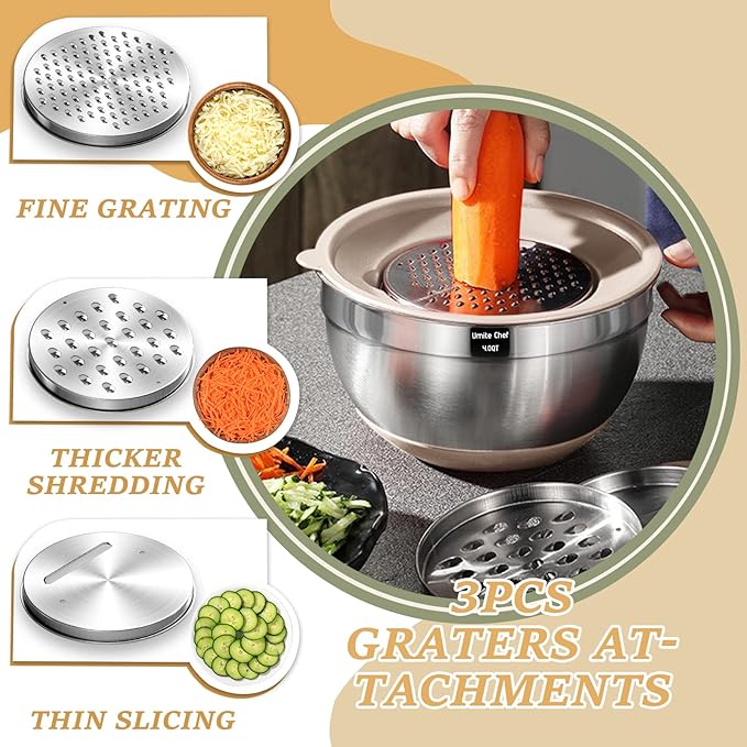Mixing Bowls with Airtight Lids Set 26PCS Stainless Steel Khaki Bowls with Grater Attachments Non-Slip Bottoms &amp Kitchen Gadgets Set Size 7 4 2.5 2.01.5 1QT Great for Mixing &amp Serving