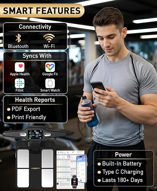 Homerz Smart Scale Pro Max – Bend-Free Smart Scale with BMI Body Fat Muscle Mass Full Body Composition Scale with Digital Weight Tracking Body Scan Scale with Handle Body Fat Scanner
