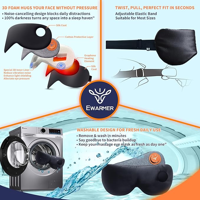 Electric Eye Massage Mask for Dry Eyes Relief Cordless Heated Vibrating Eye Massager Fast Heating RelaxationSilk Sleep Eye Mask100% Light BlockLight&ampPortable (Black)