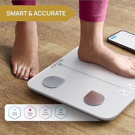 INEVIFIT Smart Body Fat Scale Highly Accurate Bluetooth Digital Bathroom Body Composition Analyzer Measures Weight Body Fat Water Muscle Visceral Fat &amp Bone Mass for Unlimited Users (White)
