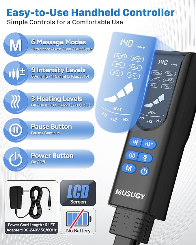 Air Compression Leg Massager with Heat : MUSUGY Sequential Foot and Calf Massager for Circulation and Pain Relief with 9 Intensity 6 Modes 3 Heat - for Mom Dad Standing Jobs &amp Daily Relaxatio