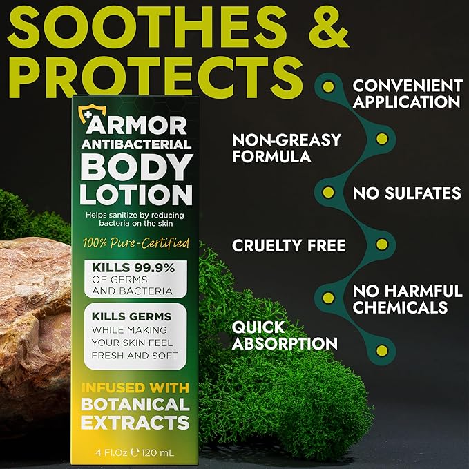 Antibacterial Body Lotion | Kills 99.9% of Germs &amp Bacteria | Body Lotion for Women &amp Men Helps Sanitize Skin | Infused with Botanical Extracts | Fresh Soft &amp Moisturized Skin | 4 fl oz