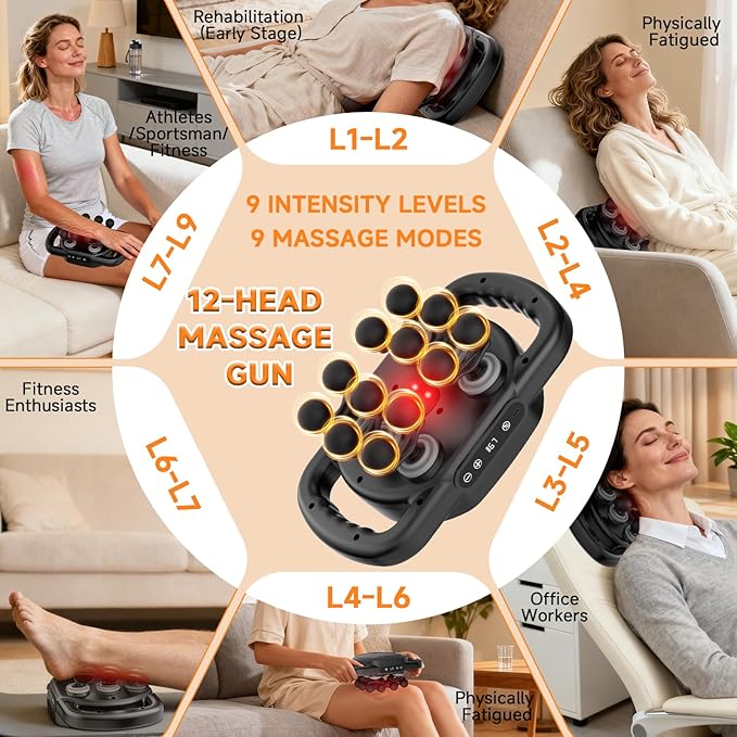 12 Head Massage Gun Deep Tissue with 9 Levels &amp 9 ModesCordless Electric Muscle Massager Tool for Back/Neck/Shoulder/Arm/Hand/Leg/Foot/Full Body Muscle Pain ReliefIdeal Gifts for Men/Women/Mum/D