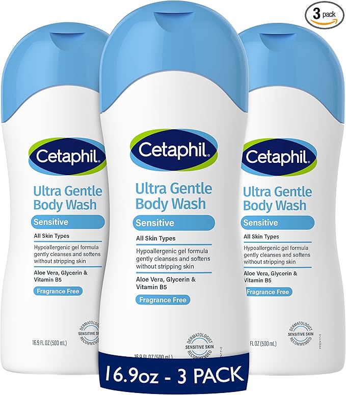 Cetaphil Ultra Gentle Body Wash For Dry to Normal Sensitive Skin 16.9oz Pack of 3 Aloe Vera Vitamin B5 Hypoallergenic Paraben Free Fragrance Free Dermatologist Tested