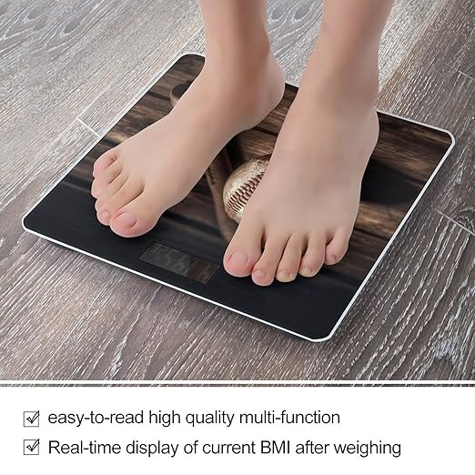 Baseball on Wooden Scale for Body Weight Safe Rounded Corners Tempered Glass Digital Bathroom Scale LED Display 400lb Capacity Weight Scales with High Precision Sensors
