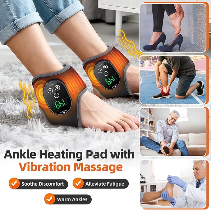 Ankle Massager Cordless Ankle Heating Pad with Massage Foot Massager with Heat 3000mAh Rechargeable 4 -Level Heats Foot Heating Pad for Sports/Work/Travel (Black)