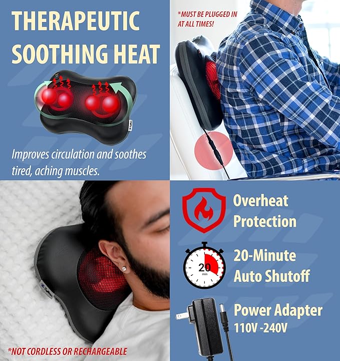 Zyllion Shiatsu Back and Neck Massager with Heat - 3D Electric Kneading Deep Tissue Massage Pillow for Muscle Pain Relief Black ZMA-13