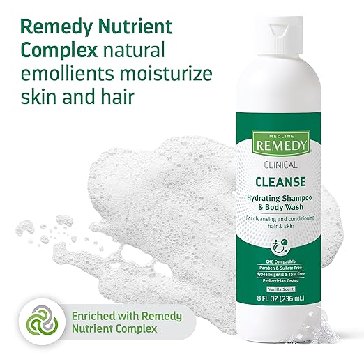 Medline Remedy Clinical Hydrating Shampoo &amp Body Wash (8 fl oz) 12 Count Vanilla Scent Cleanser No-Rinse Adults Kids Shower Or Bedside Dimethicone Sulfate Free