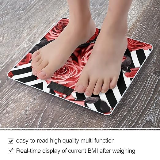 Roses Flower Floral Zebra Stripes Scale for Body Weight Anti-Slip Sturdy Tempered Glass Weighing Machine Highly Digital Accurate Bright LCD Bathroom Scale for Household Gift