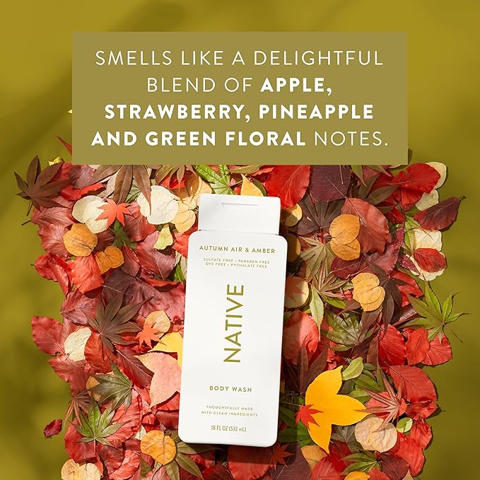 Native Body Wash with Naturally Derived Ingredients - Autumn Air &amp Amber - For Women &amp Men Sulfate Paraben &amp Dye Free Leaving Skin Soft and Hydrating | Fall Seasonal Scent Bundle 18 oz