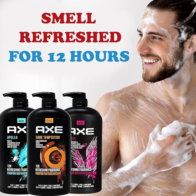 Axe Men's Body Wash Variety Set Set of 3 Scents Axe Dark Temptation Apollo and Excite Body Wash 3in1 Body and Face Wash in Pump Bottle 33.8 Ounce Each