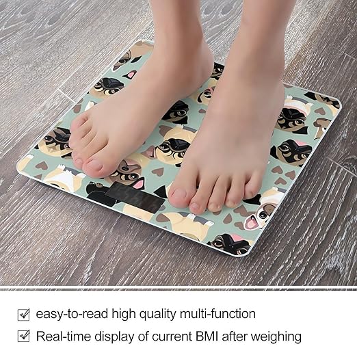 Cute Chihuahua Pug Pattern Scale for Body Weight Sturdy Tempered Glass Weighing Scales with LCD Display Accurate Digital Bathroom Scale Convenient Body Fat Smart Scales Easy Read