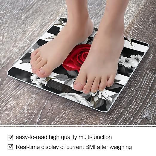 Black White Stripes Red Rose Flowers Bathroom Scale Weight Scale for Body WeightHighly Accurate Digital Weighing Machine Clear LED Display Digital Bathroom Body Scale 400lb/182kg