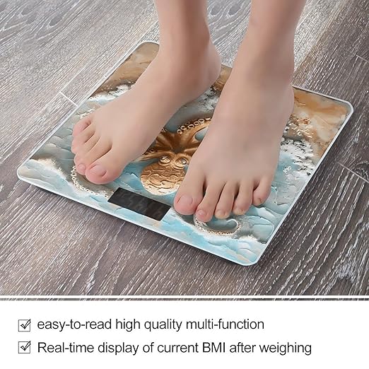 Beach Octopus Starfish Digital Bathroom Scale for Body Weight Weighing Scale with Backlit LCD Display High Precision Measurements &amp Measures Weight Up to 180kg