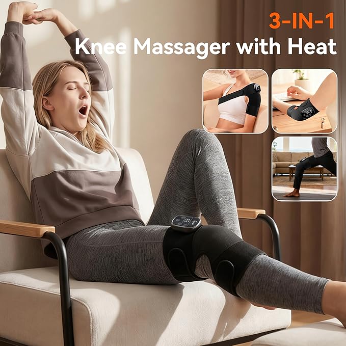 Electric Cordless Knee Massager with 3 Heat 3 Vibration3-in-1 Knee Heating Pad for Pain ReliefArthritisAuto-Off Timer Knee Brace for Shoulder Elbow Ideal Gifts for Men Women Dad Mom(BlackPair)