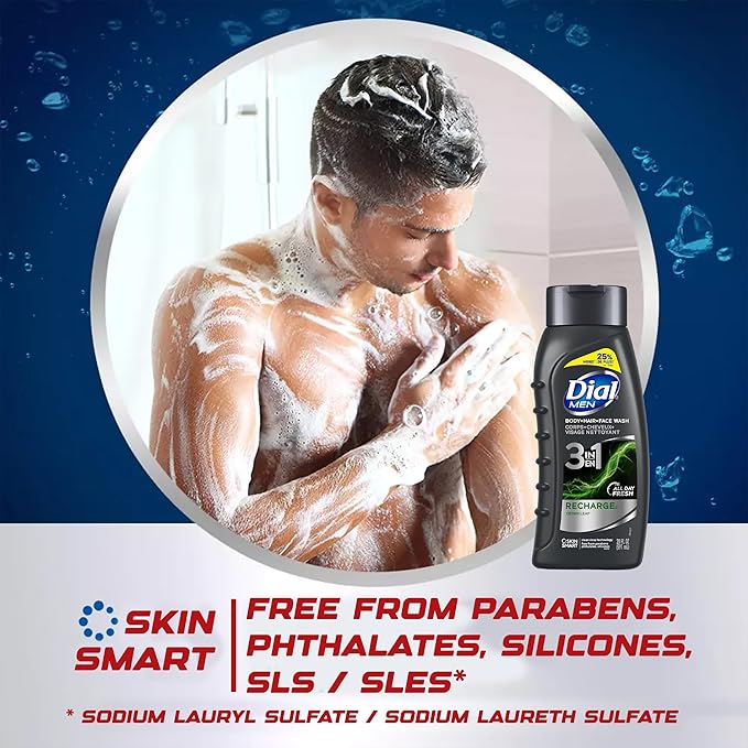 Dial Men Body Wash 3 Pack Recharge 3-in-1 Body Hair and Face Wash Cedar Leaf Scent Long Lasting All Day Fresh Body Wash for Men 20 oz. Each