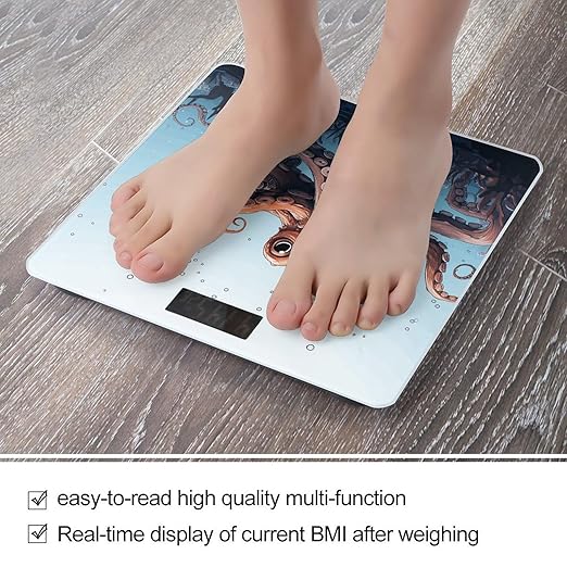 Octopus in The Sea Scale for Body Weight Anti-Slip Tempered Glass Digital Bathroom Scales Clear LCD Display Weighing Scale Safe Rounded Corners Smart Scales