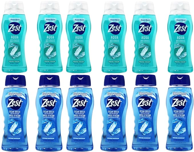 Zest Ocean Breeze with Sea Minerals Refreshing Body Wash 18 fl oz Aqua with Vitamin E Hydrating Body Wash 18 fl oz (6 of each)