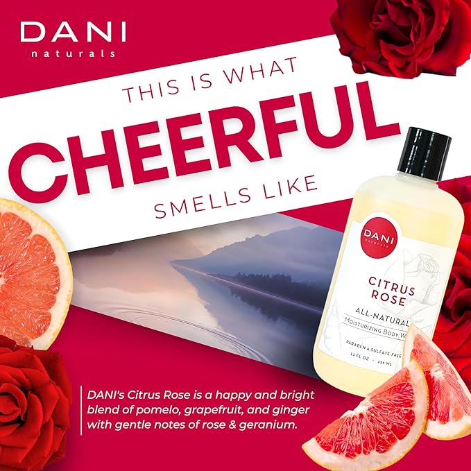 DANI Naturals Moisturizing Body Wash - Citrus Rose Scent with Organic Aloe Vera &amp Natural Glycerin - Paraben &amp Sulfate-Free Shower Gel - 12 oz - Vegan &amp Cruelty-Free
