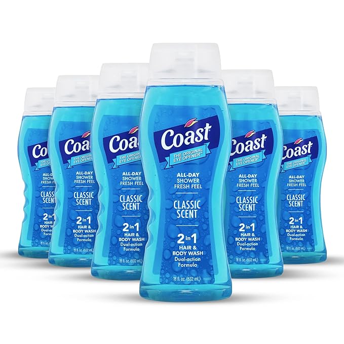 Coast 2-in-1 Hair and Body Wash Classic Scent - Men's Body Wash Shampoo &amp Conditioner - 6 Pack x 18 Fl Oz - Moisturizing &amp Refreshing Rich Lather for Energized And Clean Skin