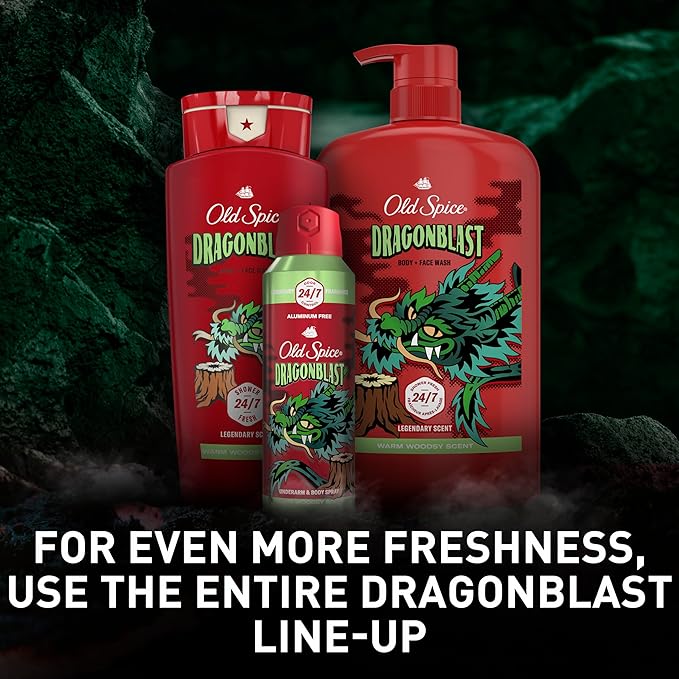 Old Spice Cleansing Body Wash for Men 3X Defense 24/7 Shower Fresh with Lasting Scent 2-in-1 Body &amp Face Wash Dragonblast Scent 33.4 (Pack of 4)