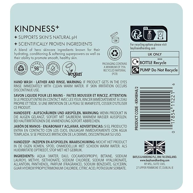 Baylis &amp Harding Kindness + Hyaluronic Acid Pear &amp Orange Blossom Fragrance 16.9 fl. oz Cleanse &amp Hydrate Hand Soap (Pack of 3) - Biodegradable Formula - Vegan Friendly