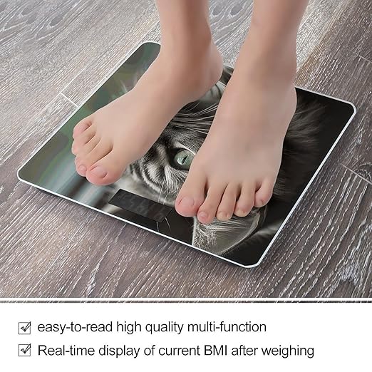 Gray Cat with Green Eyes Scale for Body Weight Sturdy Tempered Glass Weighing Scales with LCD Display Accurate Digital Bathroom Scale Convenient Body Fat Smart Scales 400lb