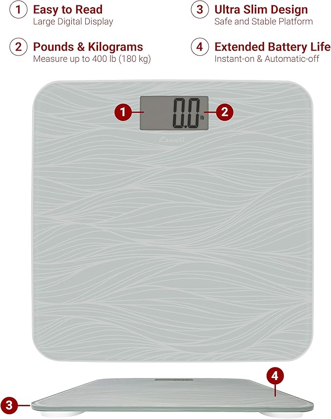 Escali Digital Glass Bath Scale for Body Weight Bathroom Body Scale High Capacity of 400 lb Battery Included Grey Waves