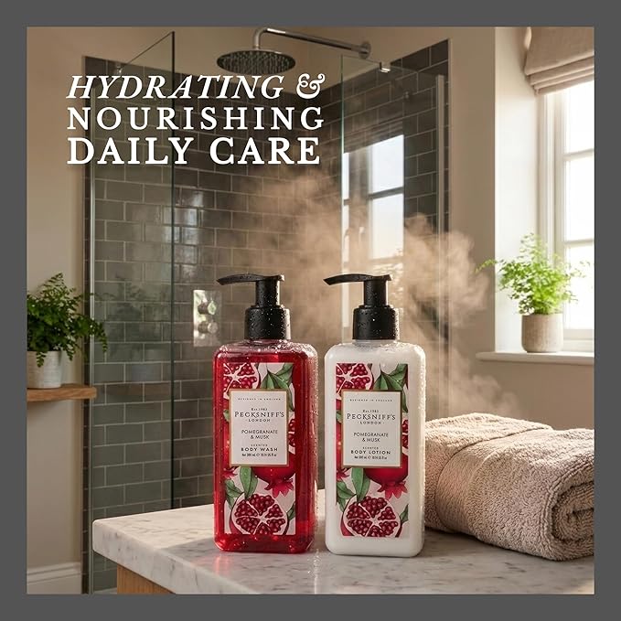 Pecksniff's Body Care Duo Tin Box – Enchanted Pomegranate &amp Musk 300ml Body Wash and 300ml Body Lotion Gift Set Luxury Skincare Collection with Reusable Tin Hydrating &amp Nourishing Daily Care