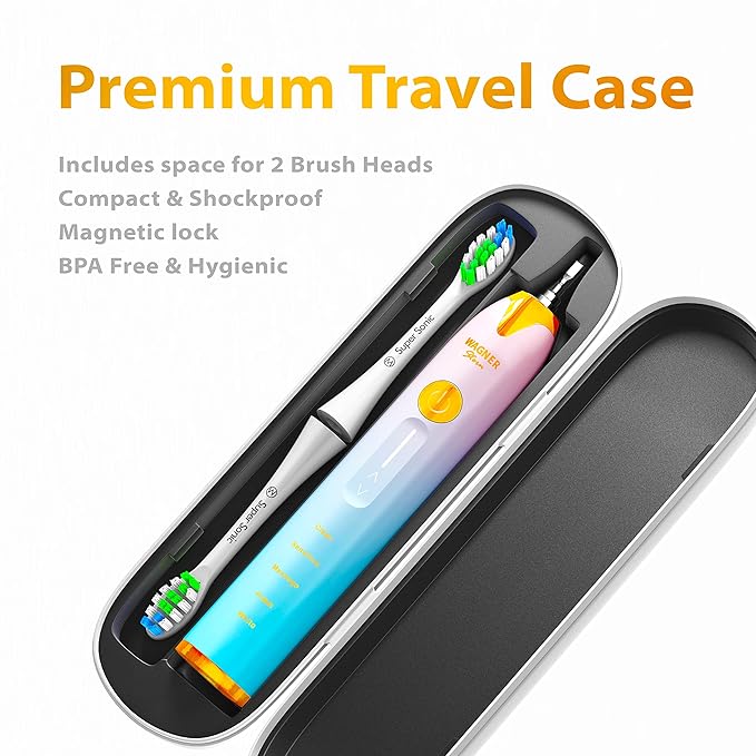 Wagner Stern Ultrasonic whitening Toothbrush with Pressure Sensor. 5 Brushing Modes and 4 Levels of Intensity 8 Soft bristles Travel case.