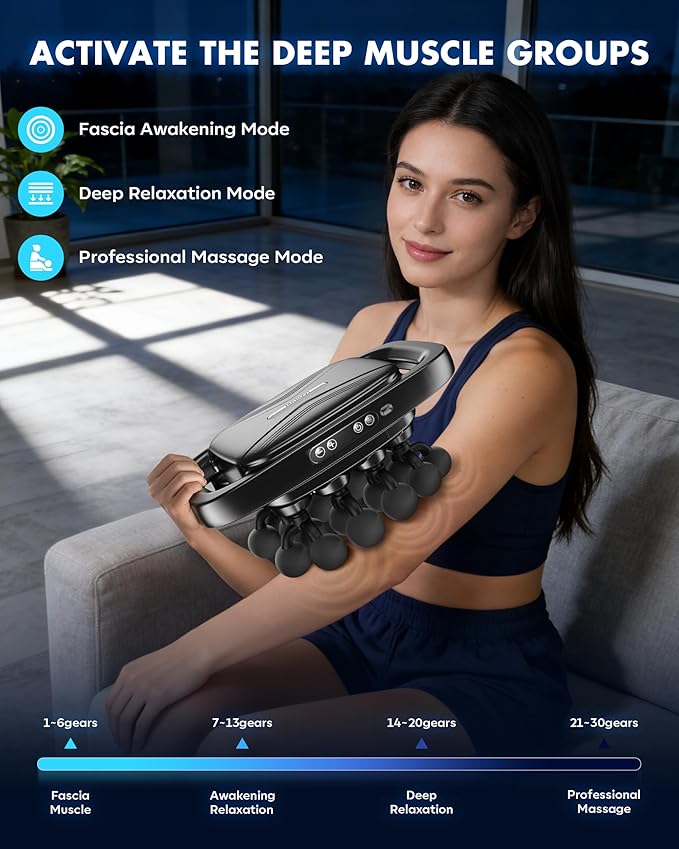 20-Head Massage Gun Set 3200mAh Electric Deep Tissue Percussion Massager with 3 Modes &amp 30 Intensities Quiet Muscle Massage Gun for Back Shoulders Legs Foot Body Muscle Pain Relief（Matte Bla