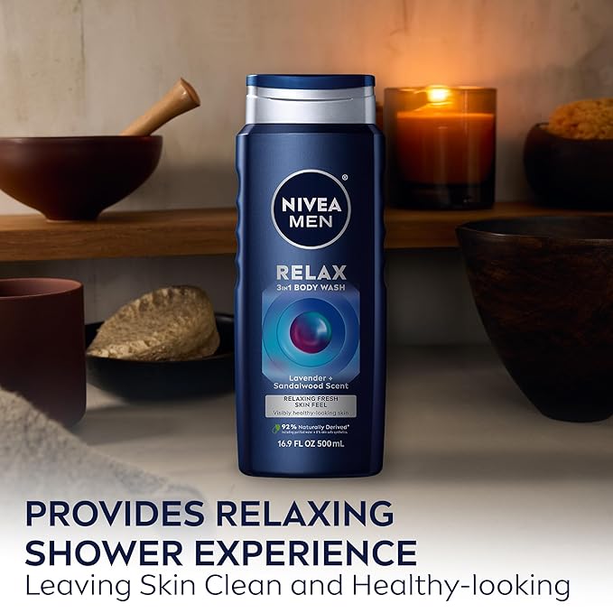 Nivea Men Relax 3-in-1 Body Wash Lavender and Sandalwood Scented Men's Body Wash Cleanses Face Body and Hair 16.9 Fl Oz Bottle Pack of 6