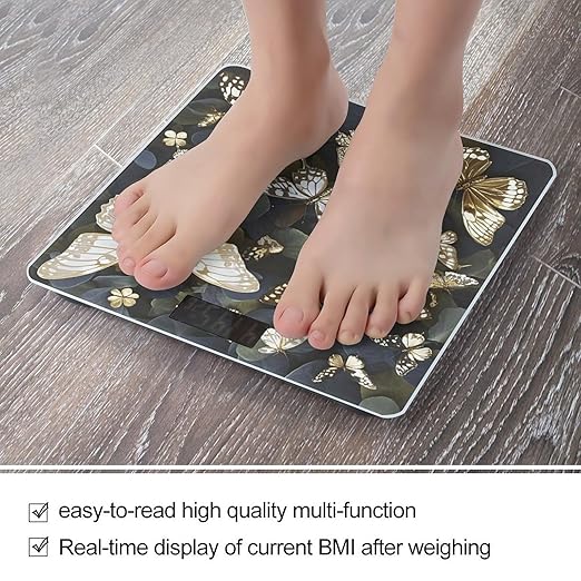 Gold White Butterflies Black Bathroom Scale for Body Weight LCD Display Digital Bathroom Scale Tempered Glass Bathroom Weight Scales Fashion Smart Scales for Home Bedroom 400 Lb