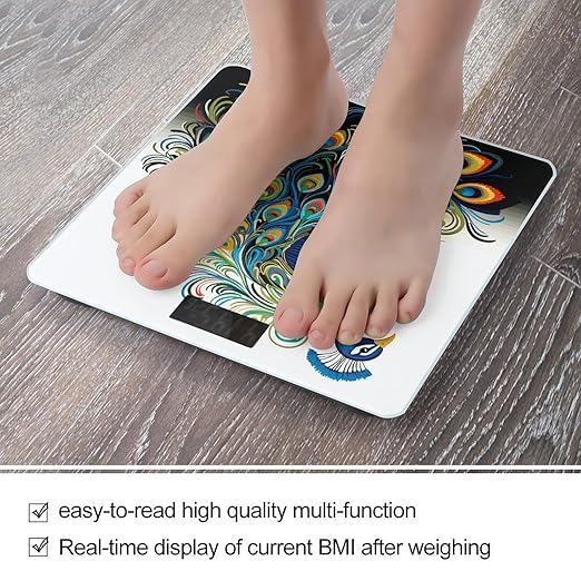 Peacock Pattern Bathroom Scale Rounded Smart Scale for Body Weight Automatic Power On/Off Weight Scales Accurate Bathroom Digital Scales for Pet Home Bedroom Kitchen