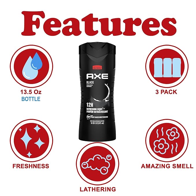 Axe Body Wash Black Frozen Pear And Cedarwood 12Hr 16 Ounce (Pack of 3)