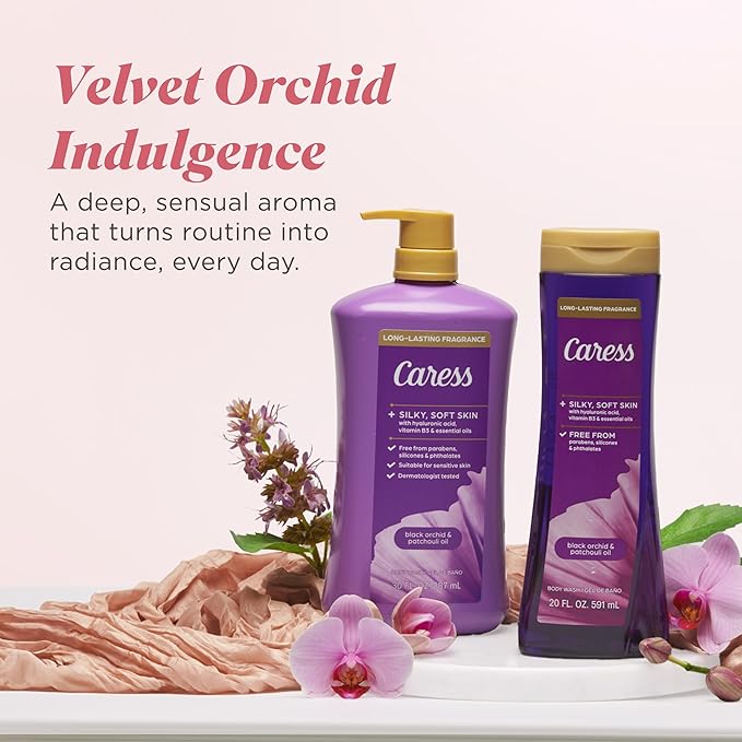 Caress Black Orchid &amp Patchouli Oil Body Wash with Pump Hyaluronic Acid &amp Vitamin B3 for Moisturized Silky Soft Skin Long-Lasting Exotic Fragrance 30 fl oz (4 Pack)